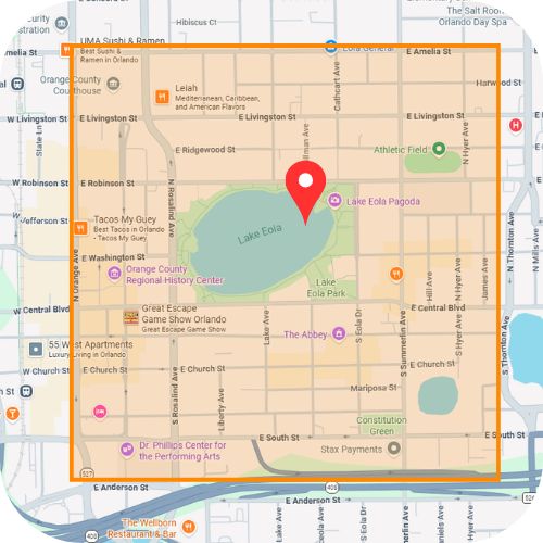 Downtown Pup Walks service area map centered on Lake Eola in Downtown Orlando