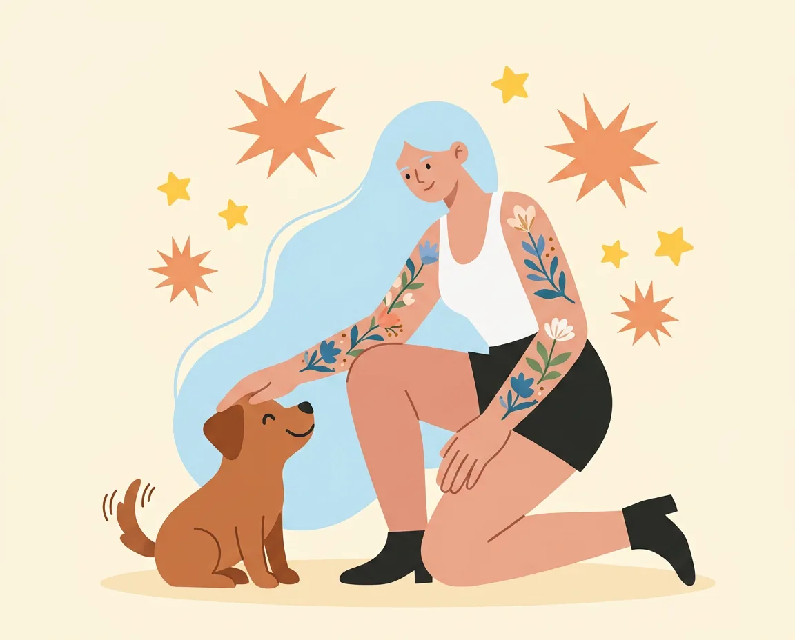 Jasmine kneeling to greet a happy small dog
